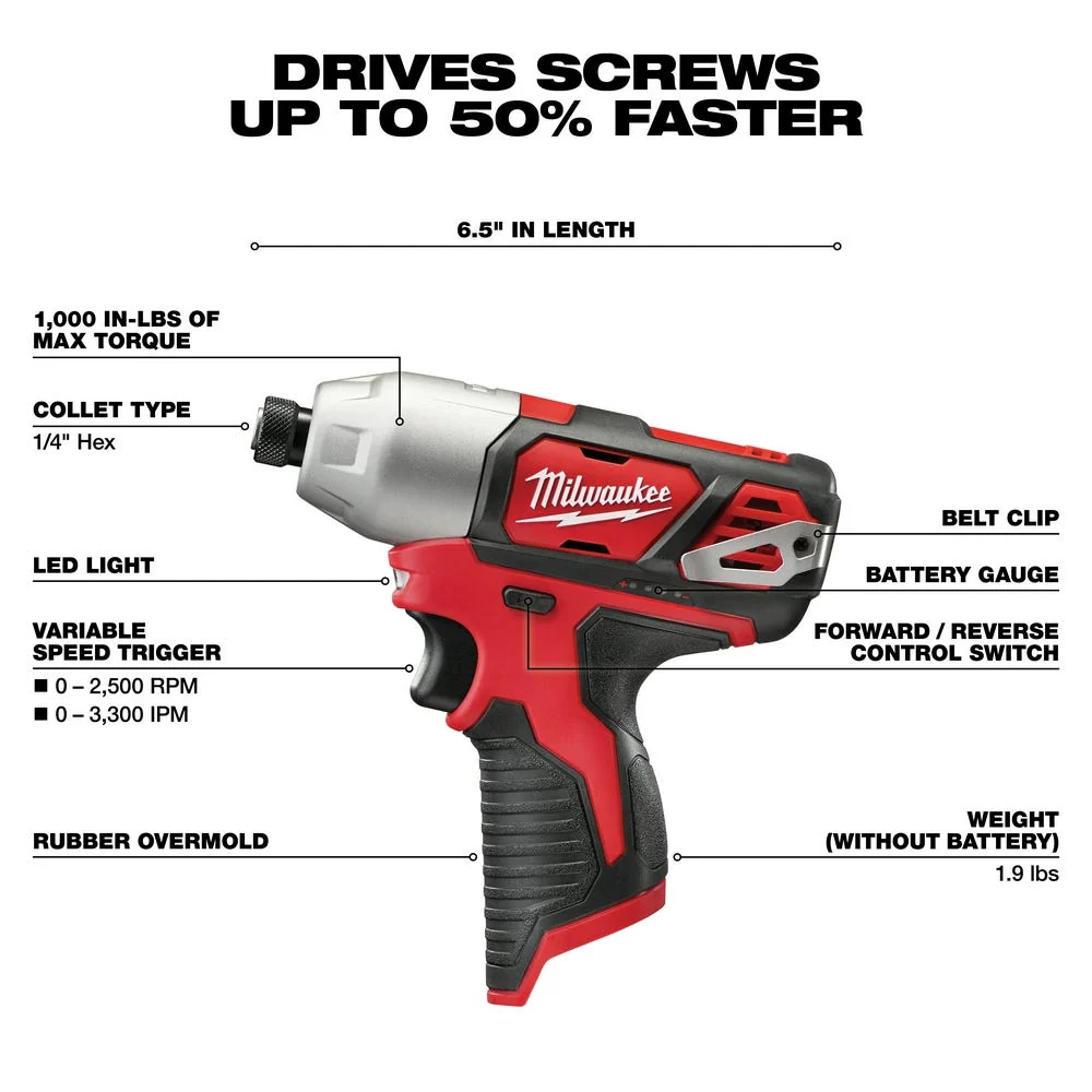 Milwaukee 2462-22 M12 1/4-Inch Hex Impact Driver 1.5AH Kit - Image 3