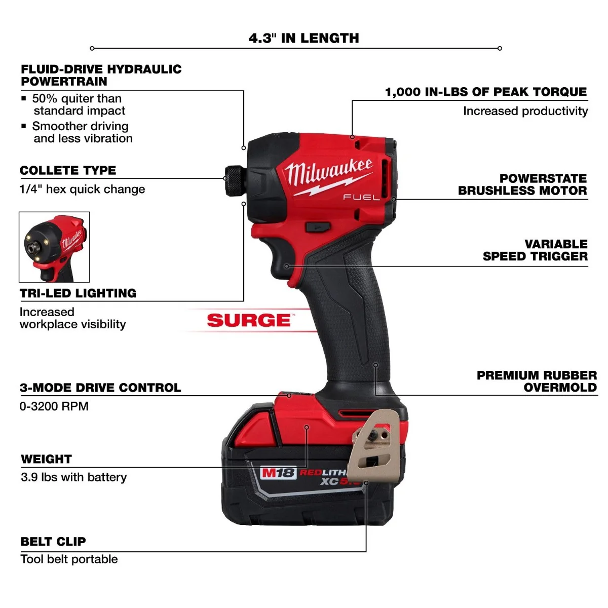 Milwaukee 2761-22 M18 FUEL SURGE 1/4" Hex Hydraulic Impact Driver 5.0Ah Kit - Image 7