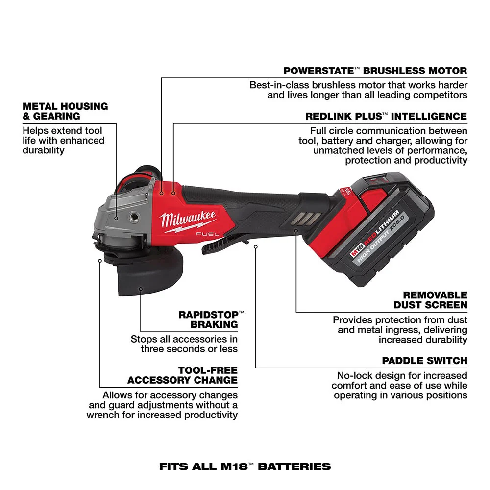 Milwaukee 2880-22 M18 FUEL 4-1/2" / 5" Grinder No-Lock Paddle Switch 6.0Ah Kit - Image 7
