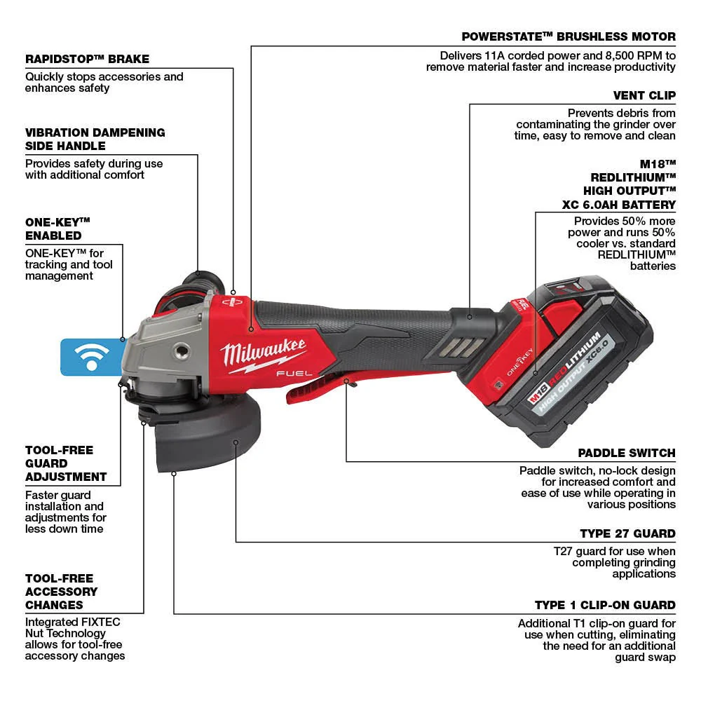 Milwaukee 2882-22 M18 FUEL 4-1/2" / 5" Braking Grinder w/ ONE-KEY Paddle Switch, No-Lock Kit - Image 8