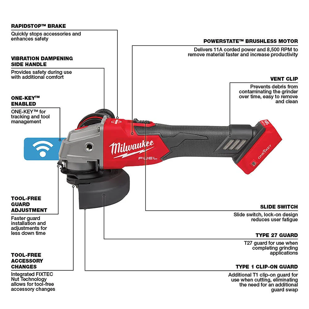 Milwaukee 2883-20 M18 FUEL 4-1/2" / 5" Braking Grinder w/ ONE-KEY Slide Switch, Lock-On - Image 6