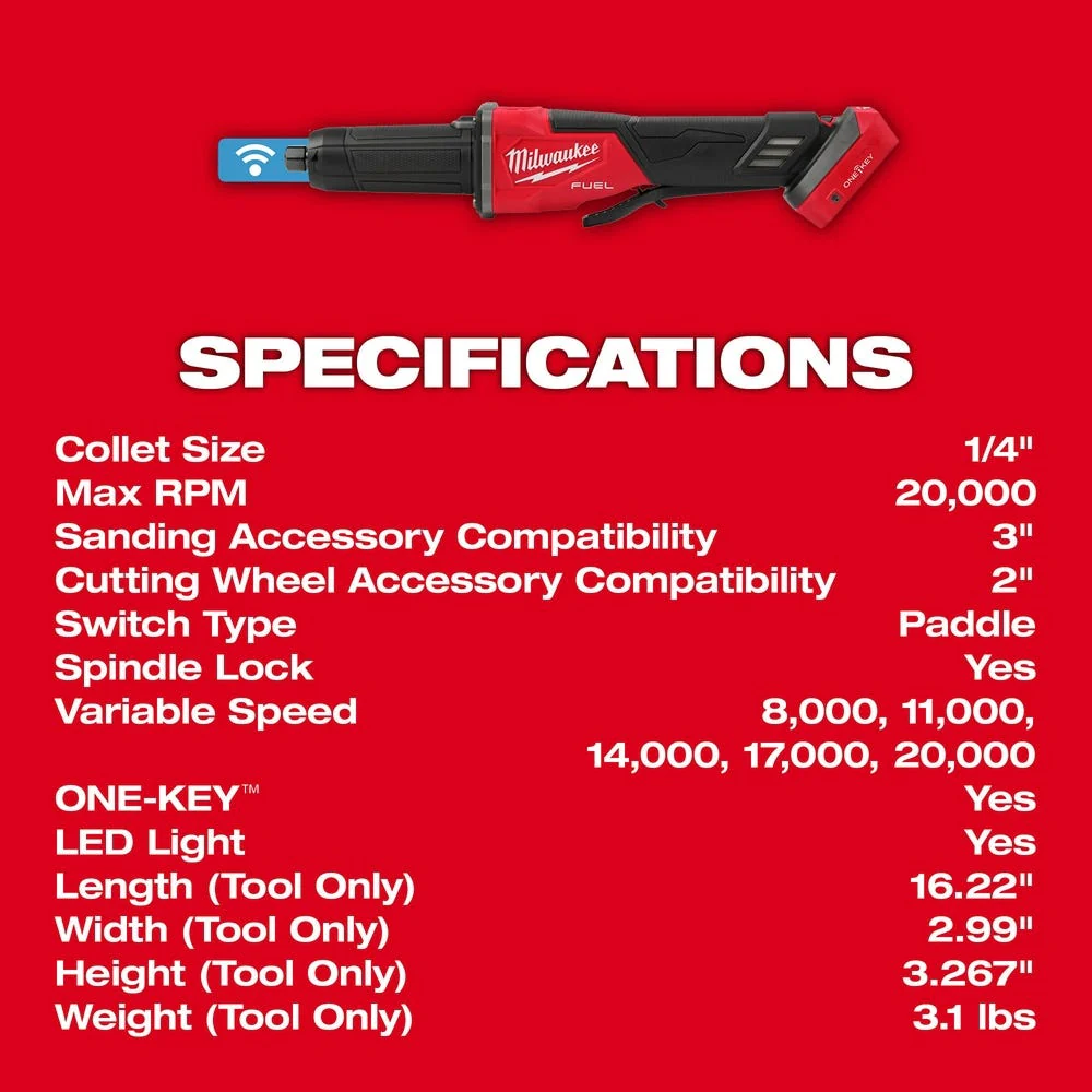 Milwaukee 2984-20 M18 FUEL Variable Speed, Braking Die Grinder, Paddle Switch w/ ONE-KEY - Image 9