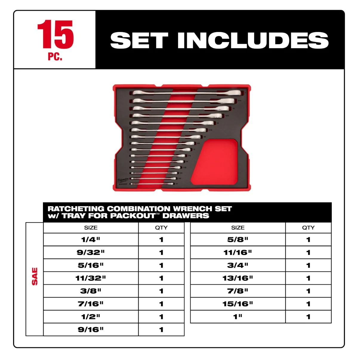 Milwaukee 48-22-0157 15-Piece SAE Ratcheting Combination Wrench Set with Tray for PACKOUT Drawers - Image 3