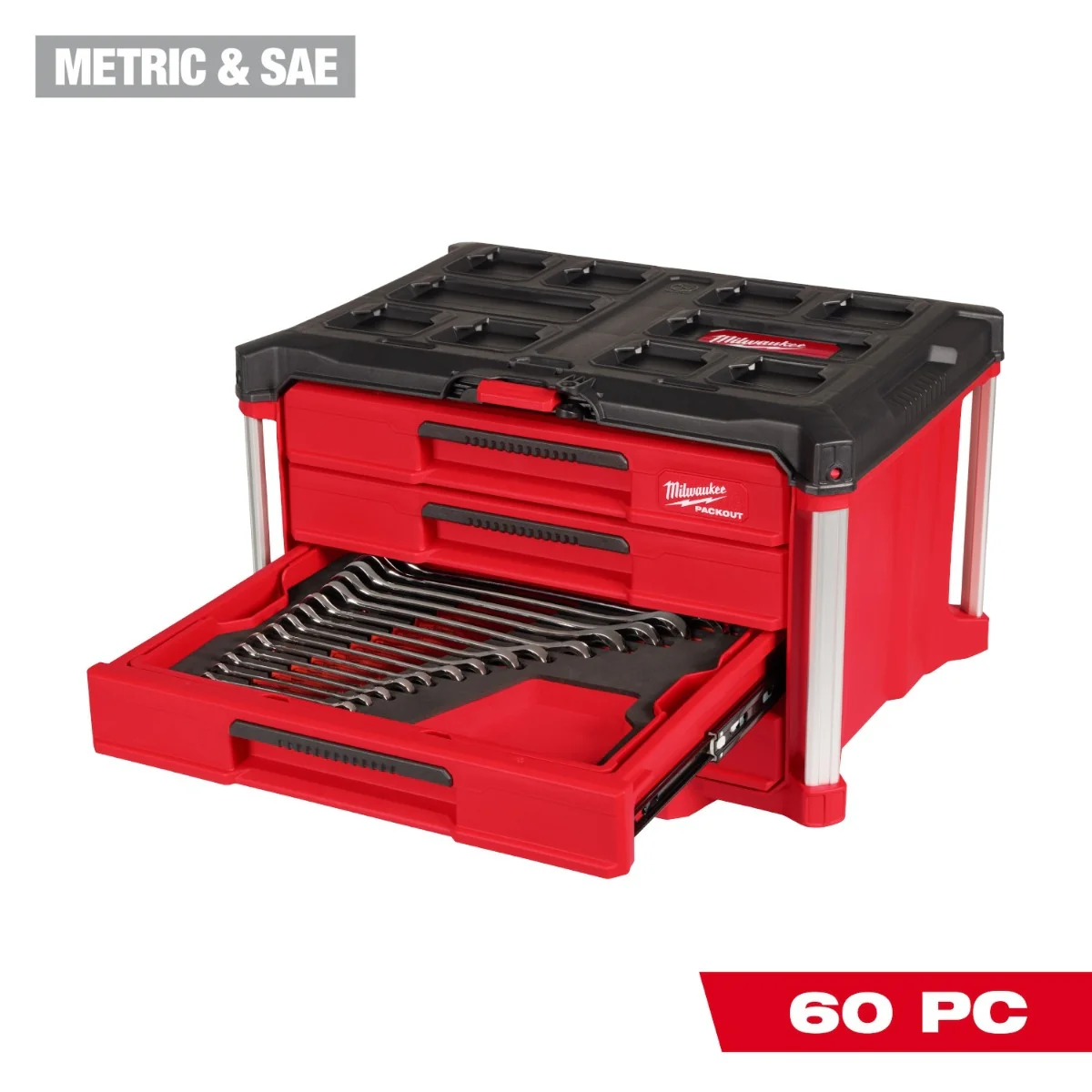 Milwaukee 48-22-9492 60-Piece Metric & SAE Combination Wrench Set with PACKOUT 4-Drawer Tool Box - Image 4