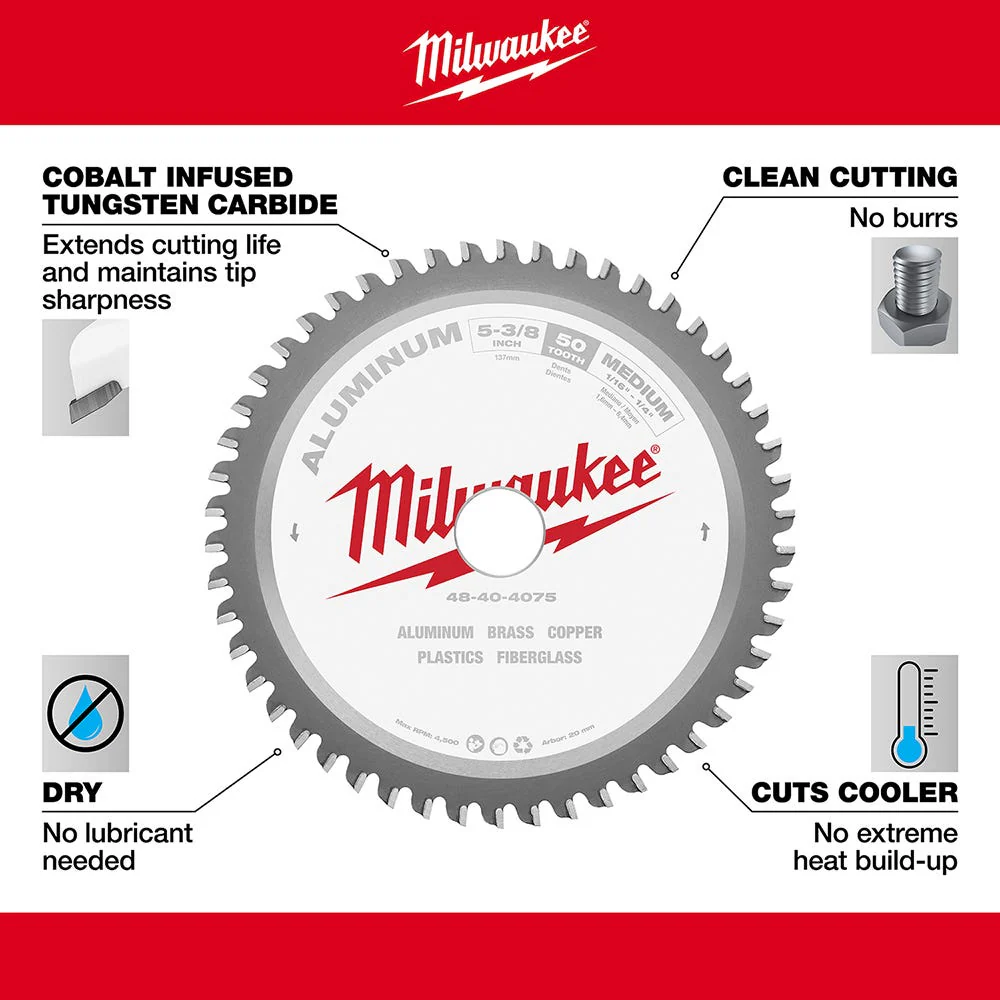 Milwaukee 48-40-4075 5-3/8 in. 50 Teeth Non-Ferrous Metal Circular Saw Blade - Image 4