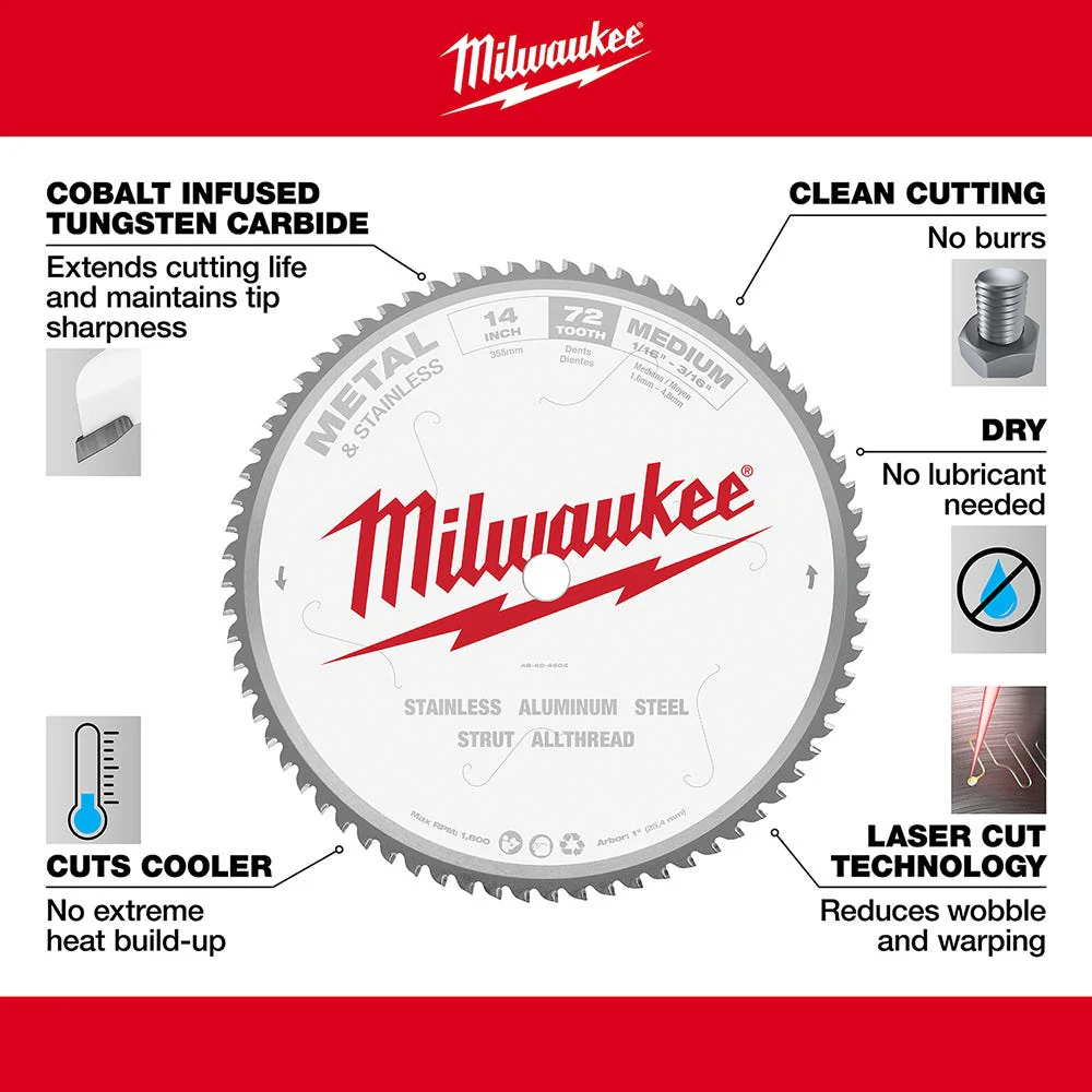 Milwaukee 48-40-4505 14 in. 72 Teeth Dry Cut Carbide Tipped Circular Saw Blade - Image 4